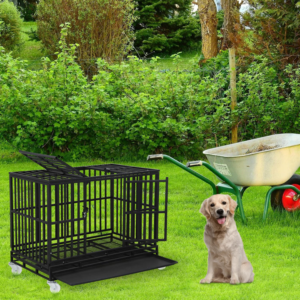 48 Inch Heavy Duty Dog Crate with Plastic Tray Double Doors J8225