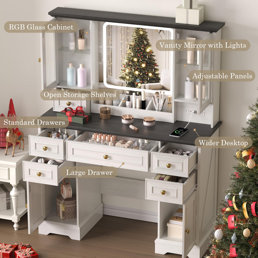 White Makeup Vanity Desk with Mirror and LED Lights Y15379