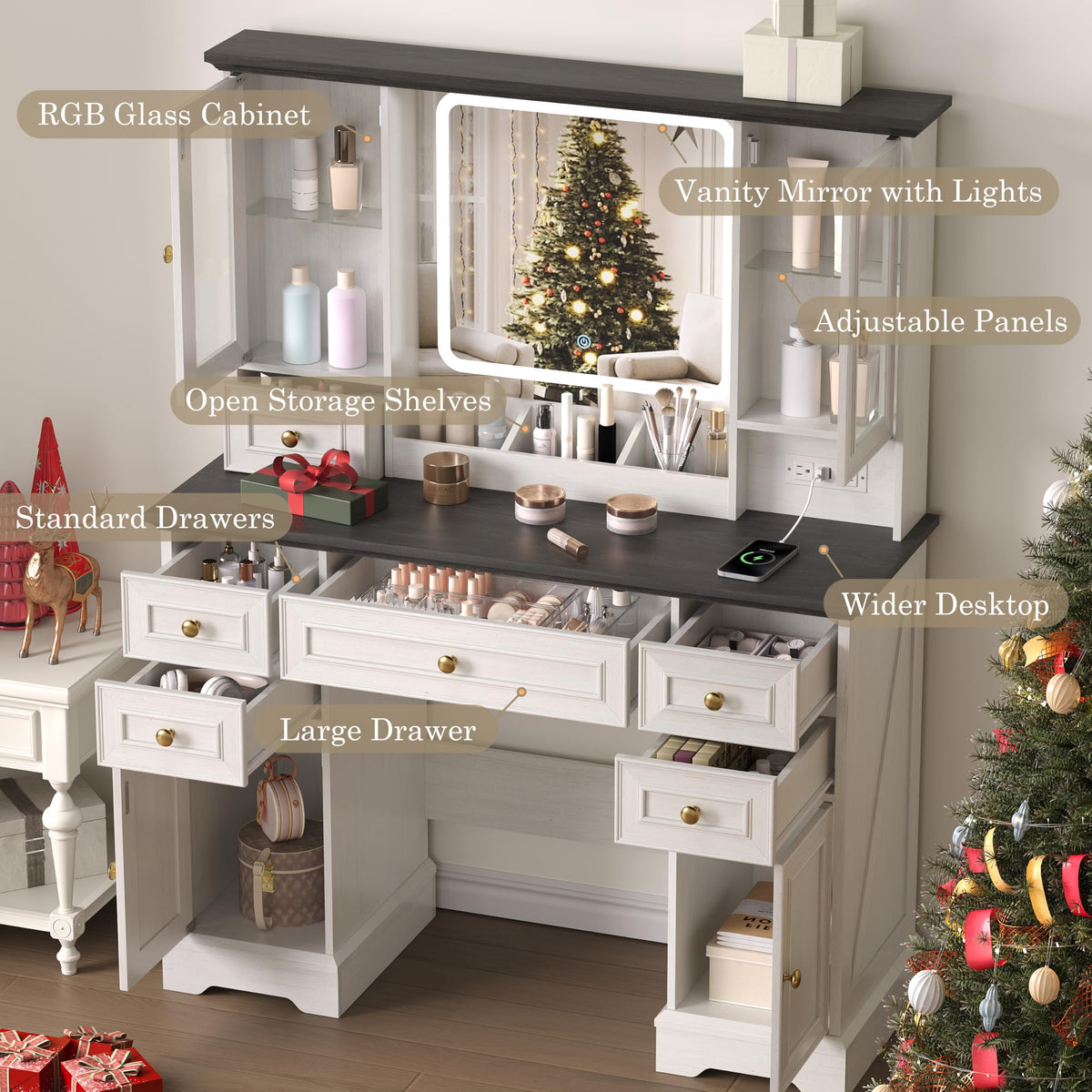 White Makeup Vanity Desk with Mirror and LED Lights Y15379