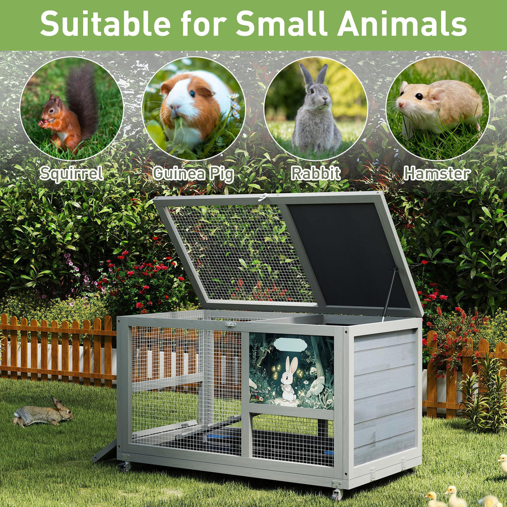 36.5" Two-Level Wooden Rabbit Hutch with Casters & Ramp S200