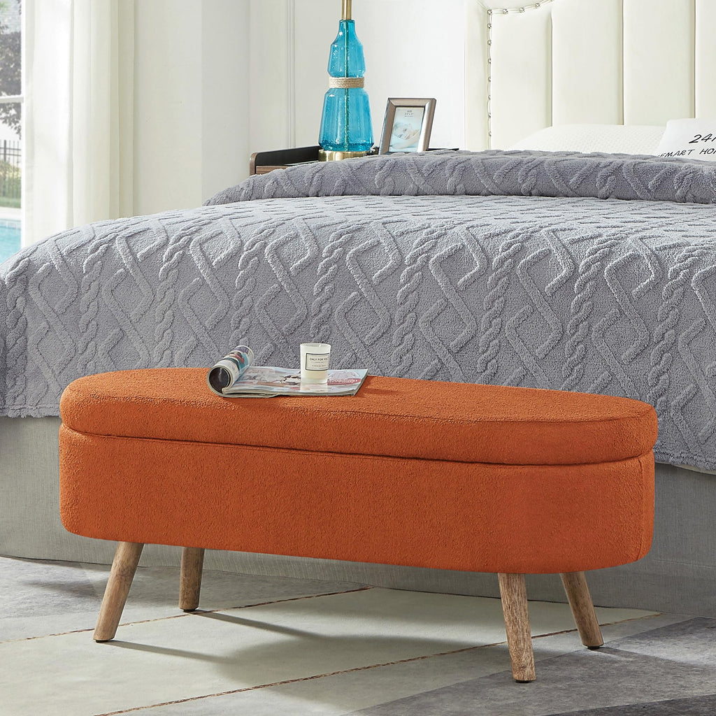 42" Oval Boucle Tufted Storage Ottoman Bench with Solid Wood Legs O8347