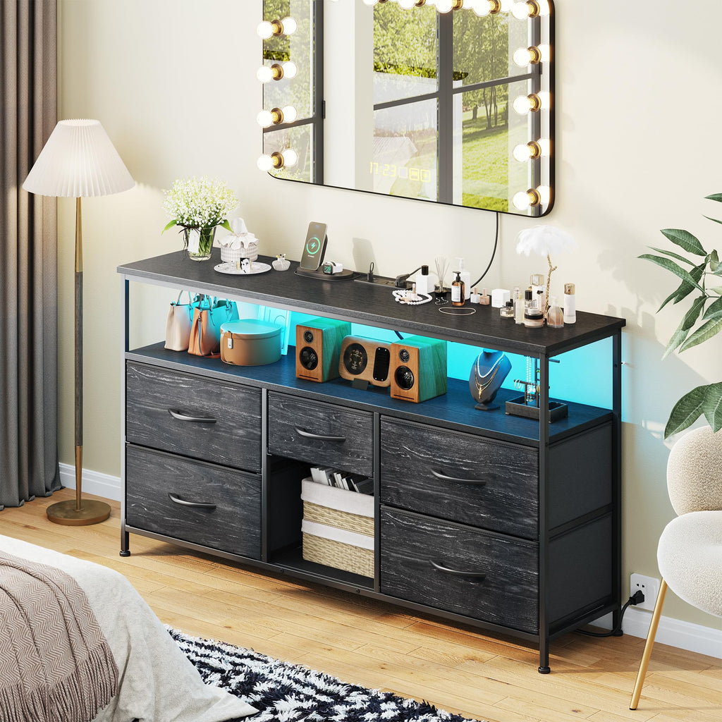 Black TV Stand with LED & Outlets, 5-Drawer Storage N22656