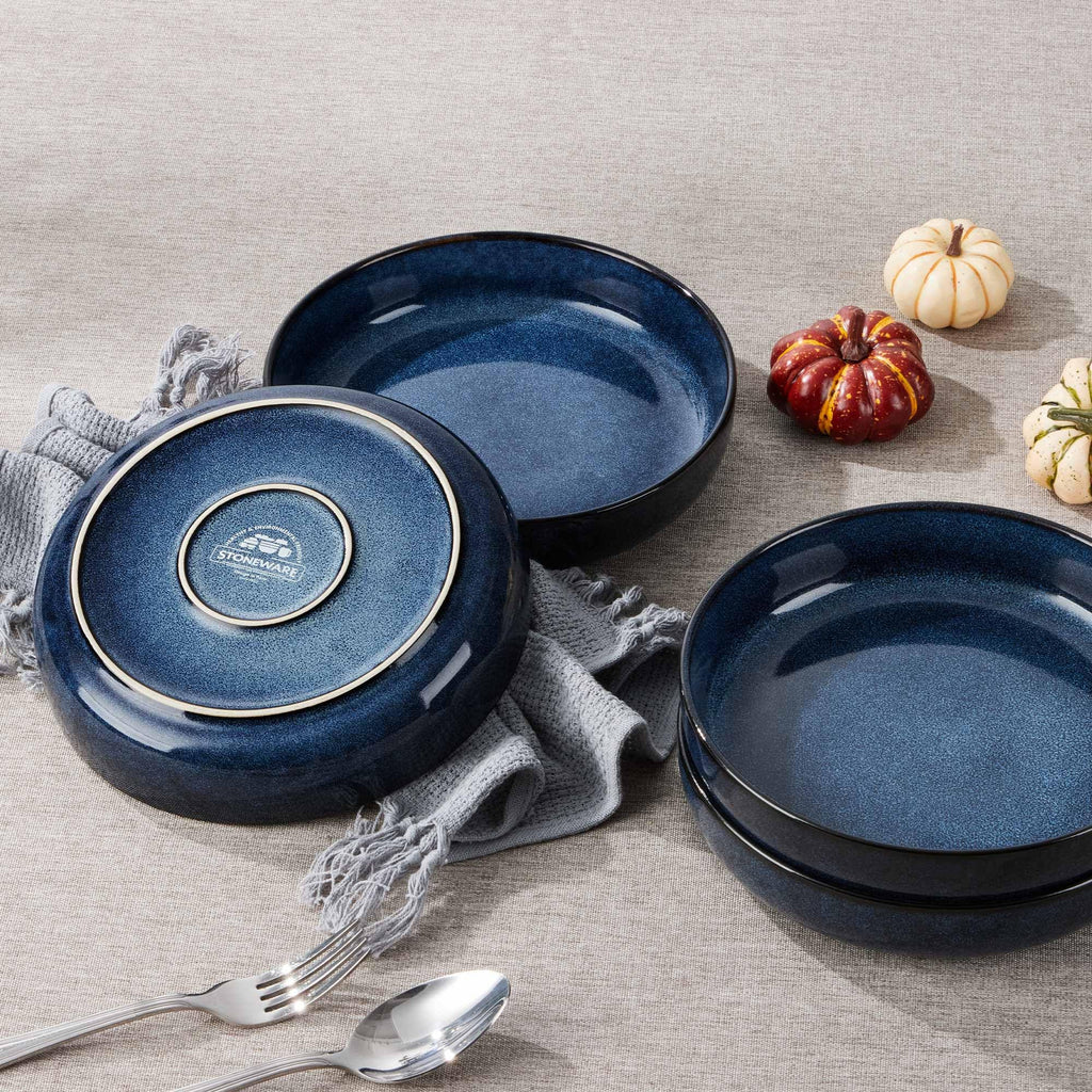 Stoneware Pasta Bowls Set of 4, 35oz Ceramic Bowls, Sapphire Blue H3445