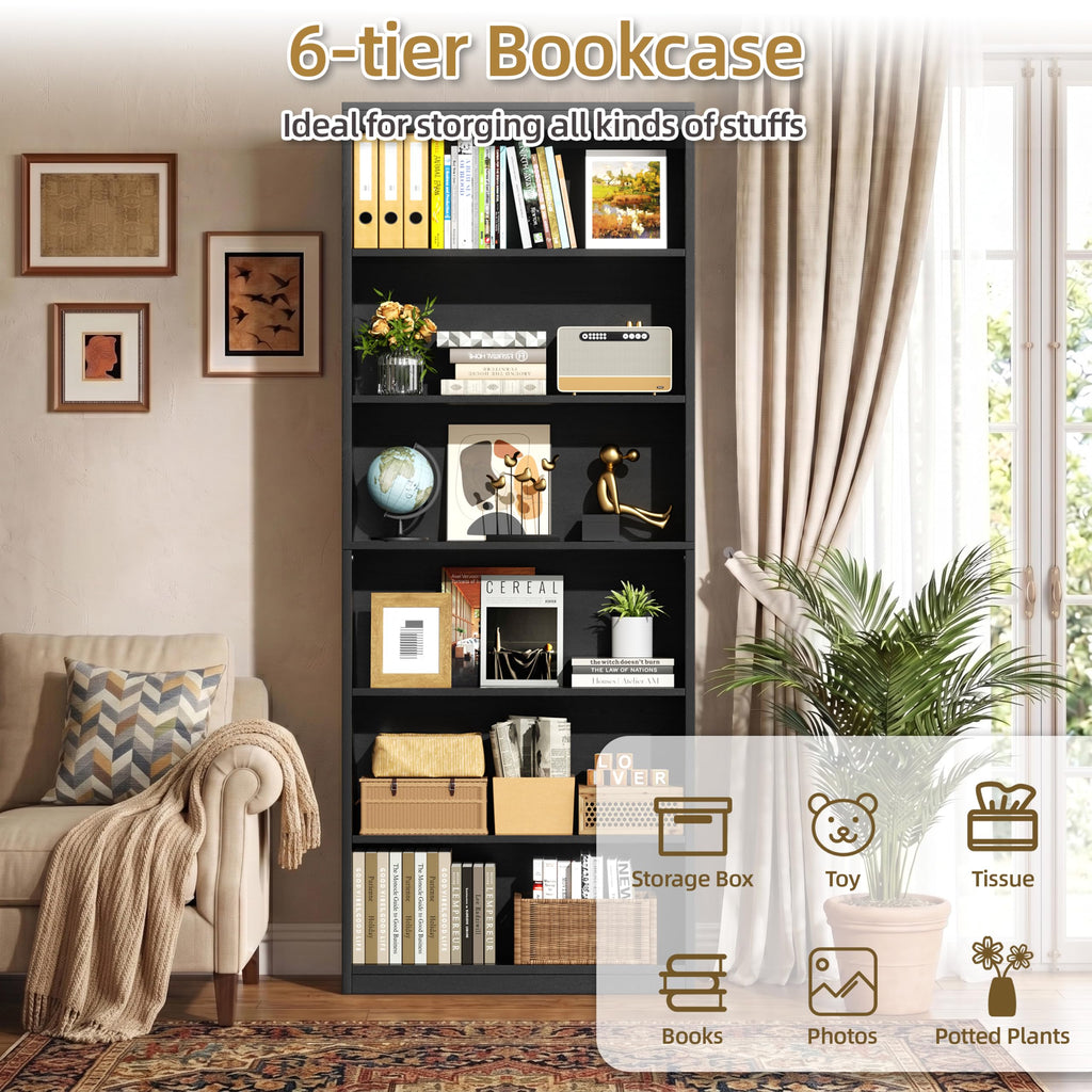 6-Tier Black Wood Bookshelf X39760