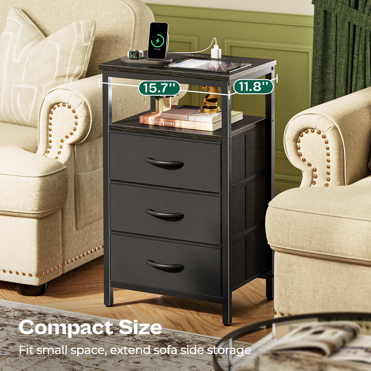 3 Drawer Nightstand with Charger Station and LED Lights C23224