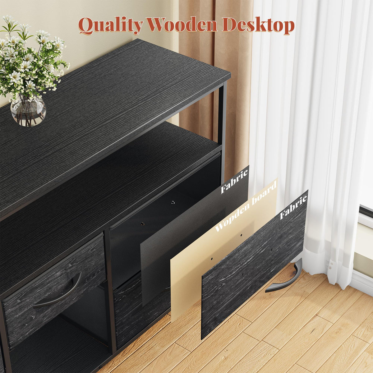 Black TV Stand with LED & Outlets, 5-Drawer Storage N22656