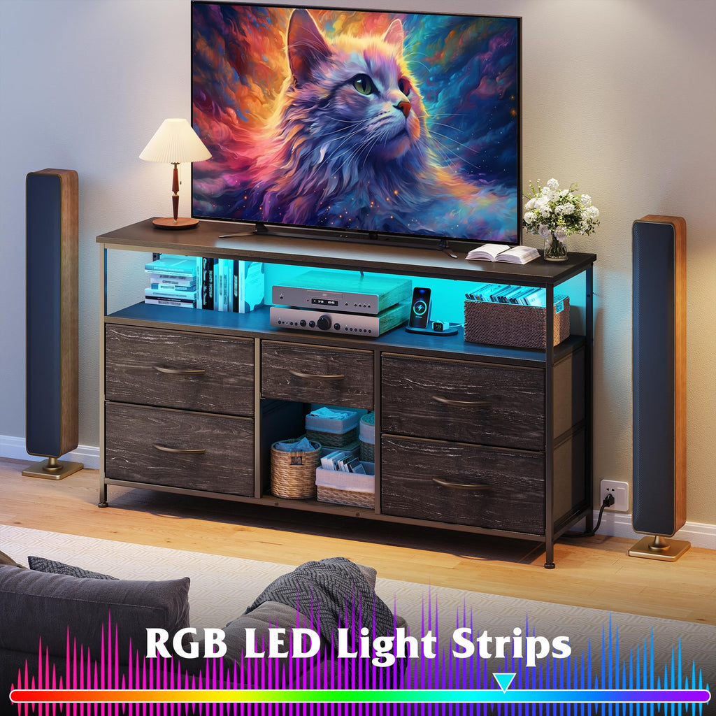 Black TV Stand with LED & Outlets, 5-Drawer Storage N22656