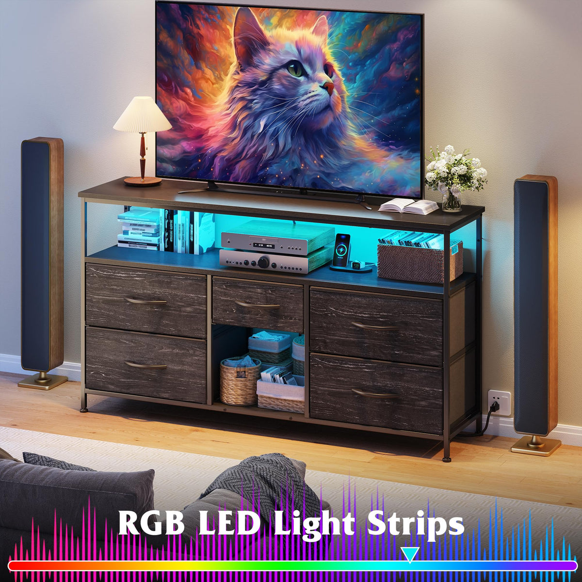 Black TV Stand with LED & Outlets, 5-Drawer Storage N22656