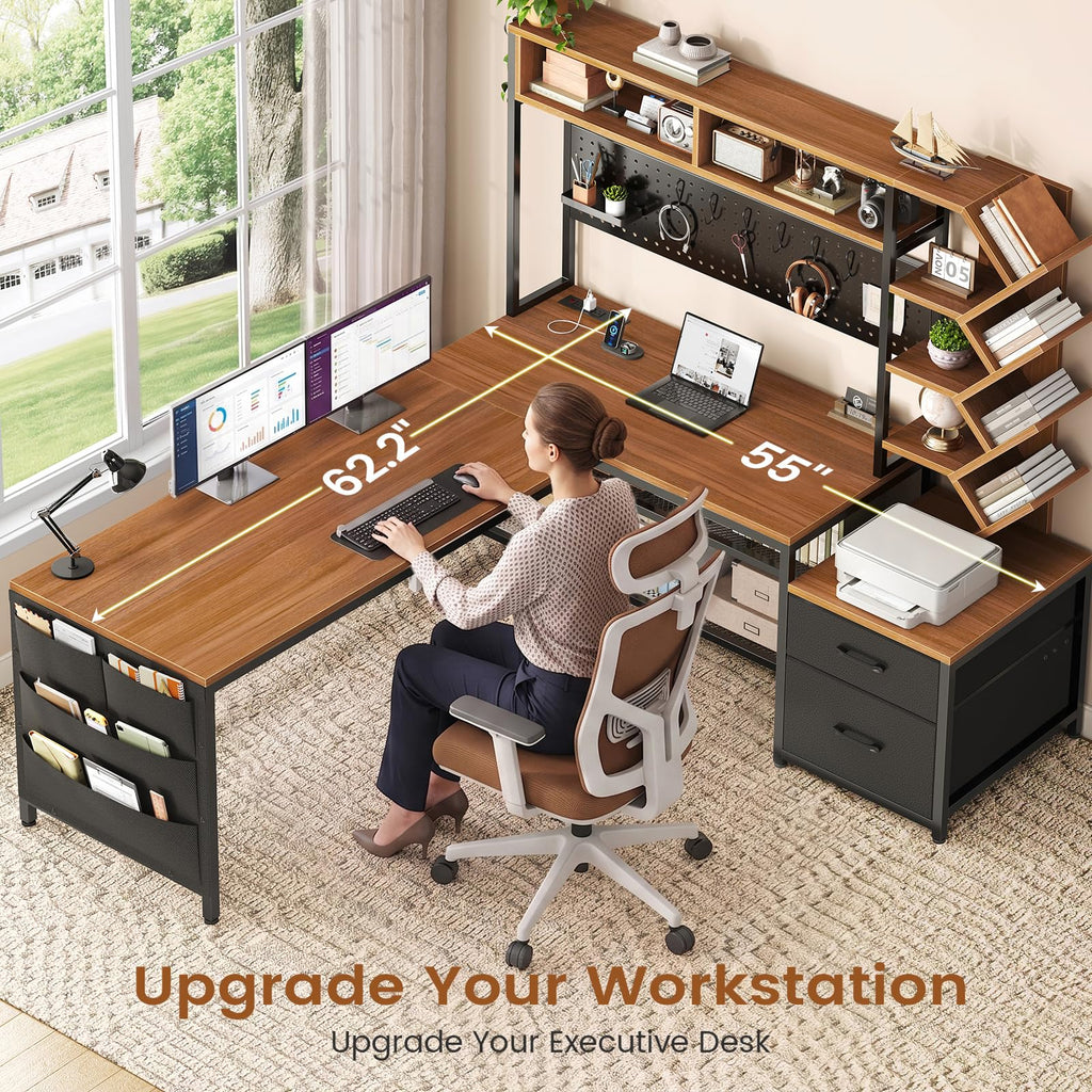 L Shaped Office Desk with Drawers and Hutch J9006