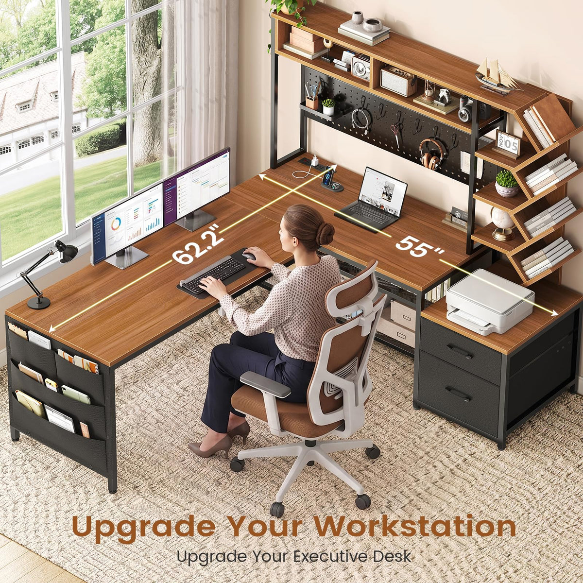 L Shaped Office Desk with Drawers and Hutch J9006