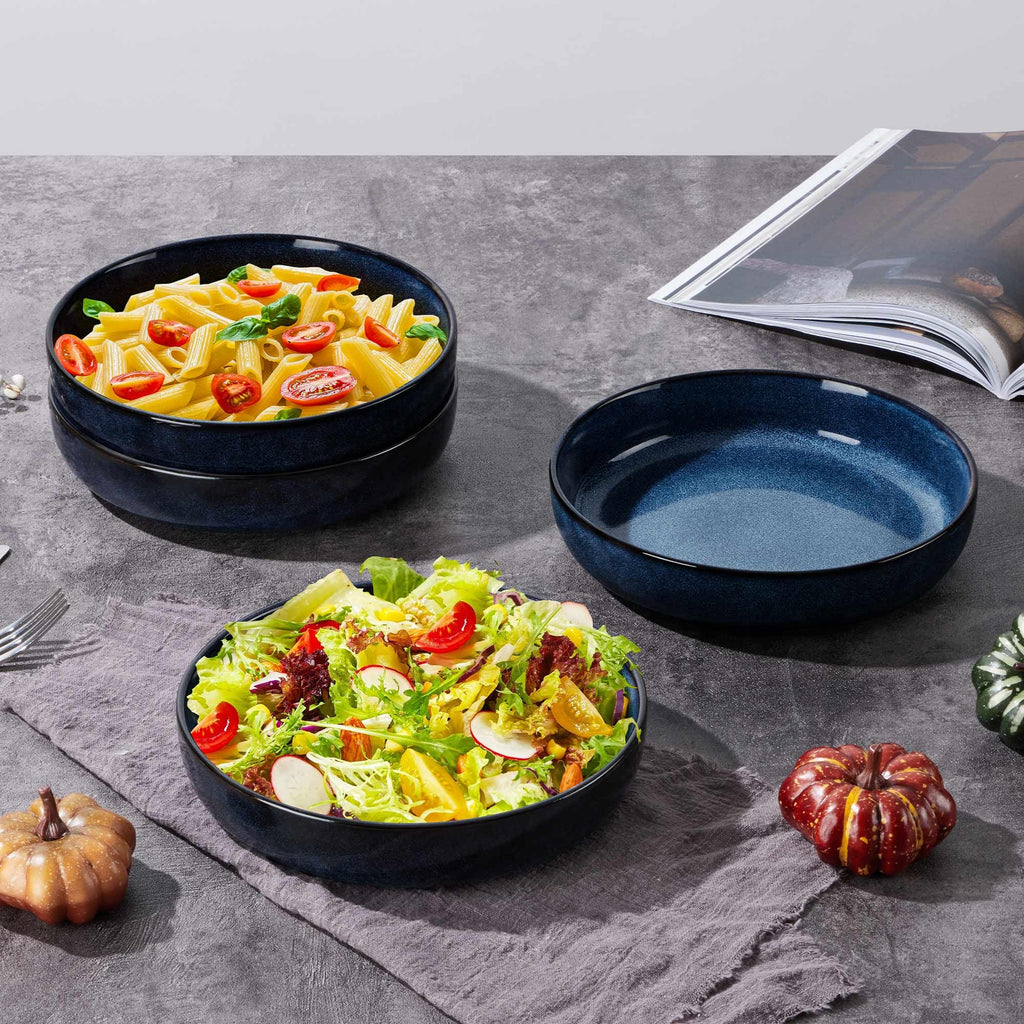 Stoneware Pasta Bowls Set of 4, 35oz Ceramic Bowls, Sapphire Blue H3445