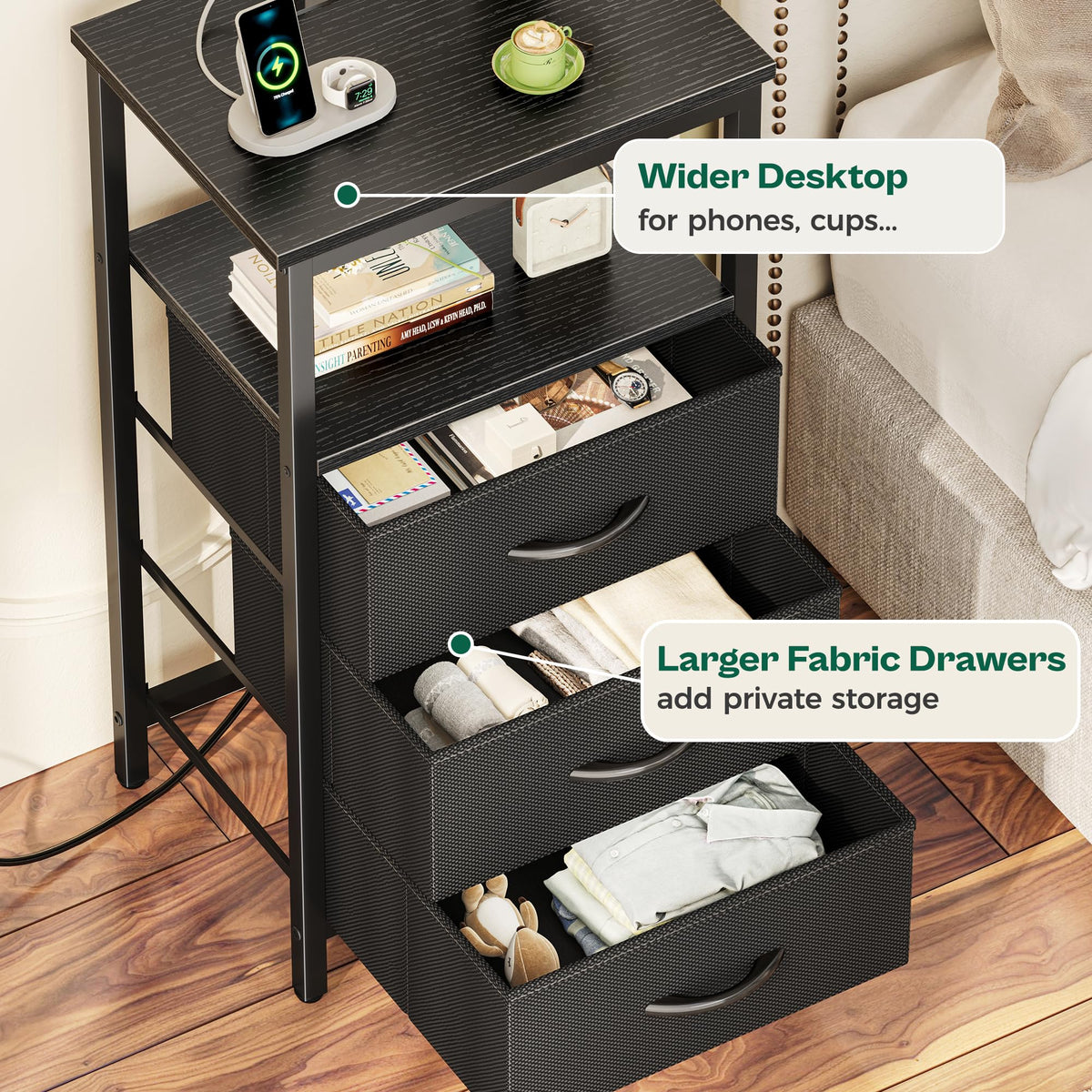 3 Drawer Nightstand with Charger Station and LED Lights C23224