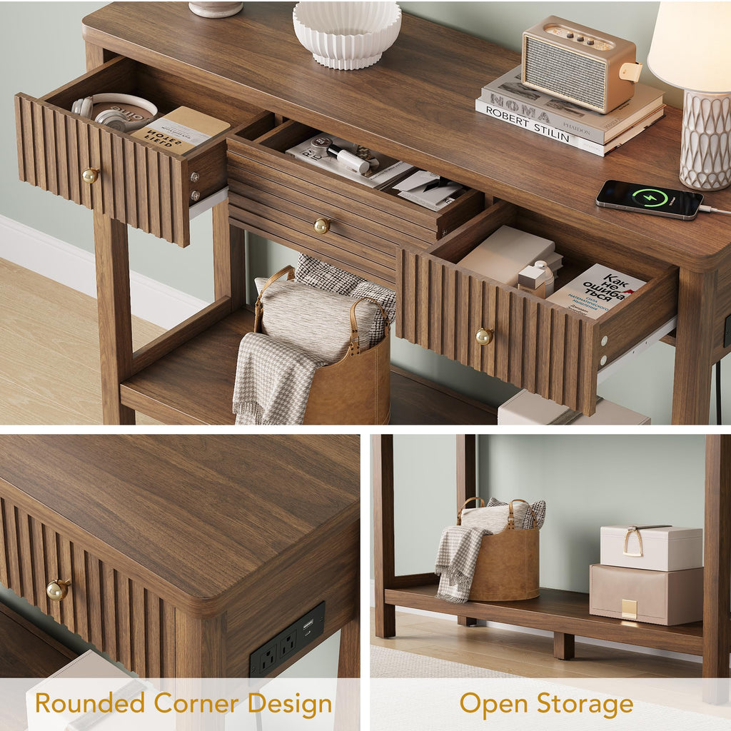47'' Fluted Console Table with Charging Station & 3 Drawers Q38306