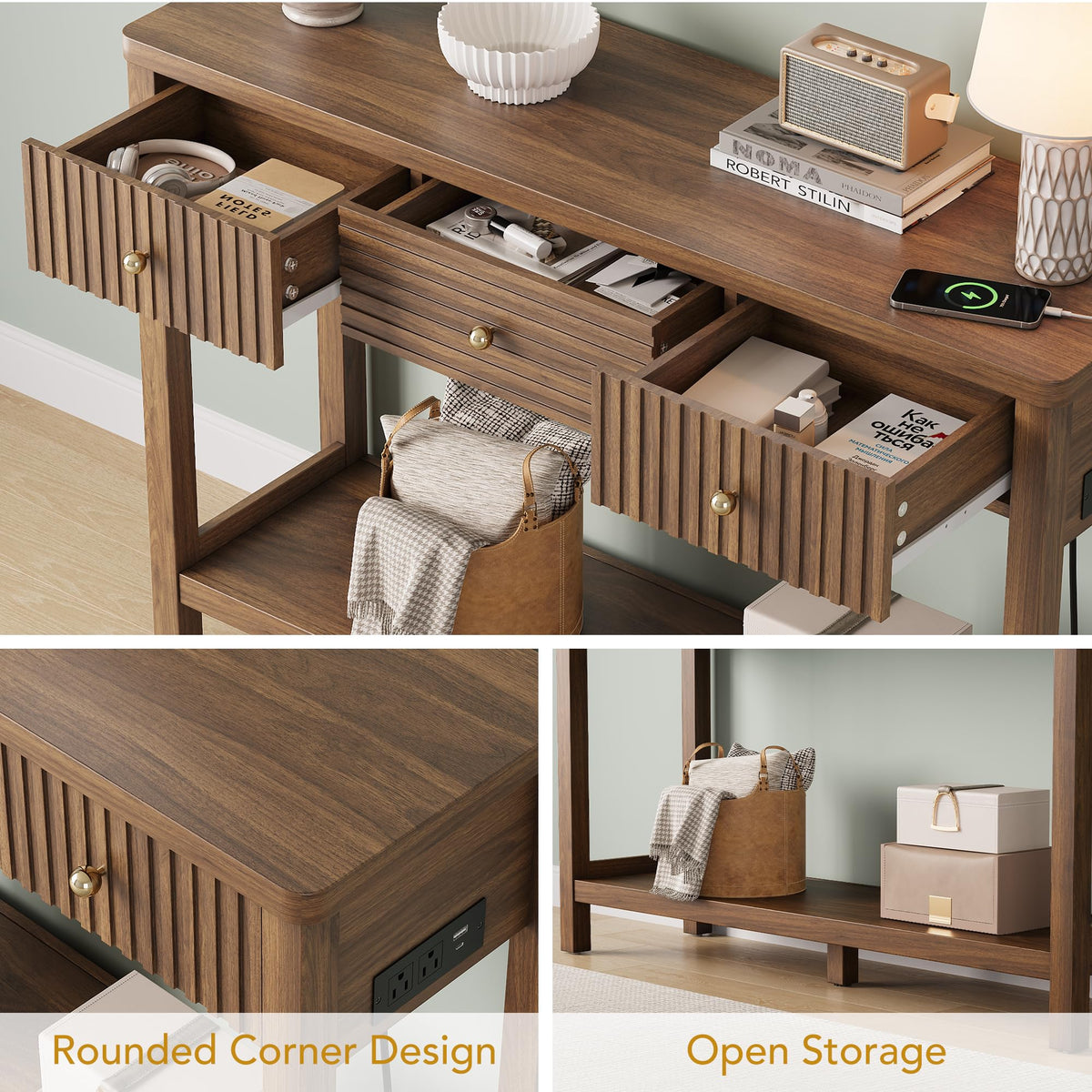 47'' Fluted Console Table with Charging Station & 3 Drawers Q38306
