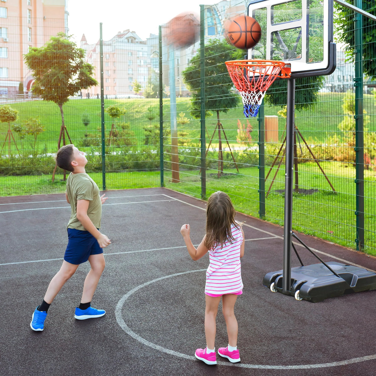 44 Basketball Hoop, 4.4-10ft Height Adjustable Portable Basketball Goal System with Shatterproof PVC Backboard and 18 Rim Q19495