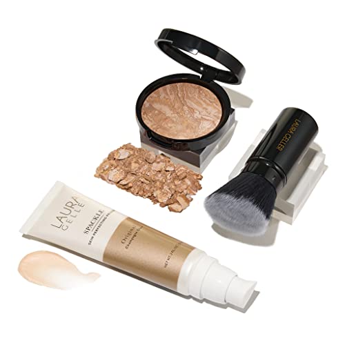 Everyday Routine Kit - Baked Color Correcting Powder Foundation, Sand + Retractable Kabuki + Makeup Primer, Champagne Glow (3 PC) D219