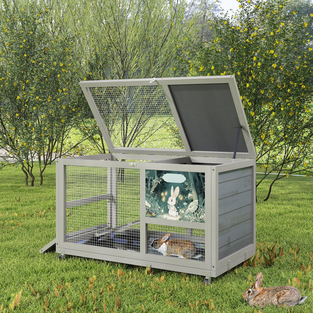 36.5" Two-Level Wooden Rabbit Hutch with Casters & Ramp S200