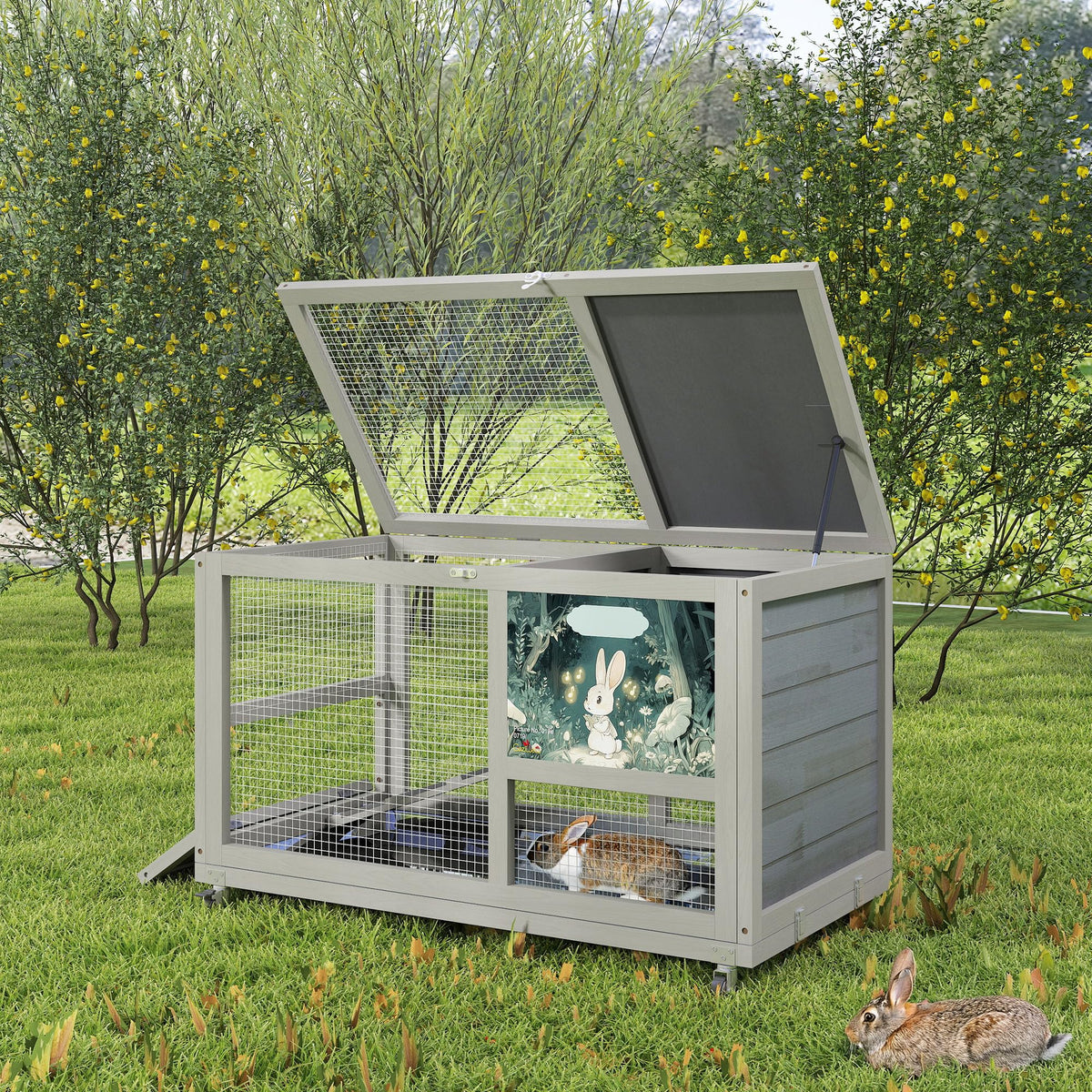 36.5" Two-Level Wooden Rabbit Hutch with Casters & Ramp S200
