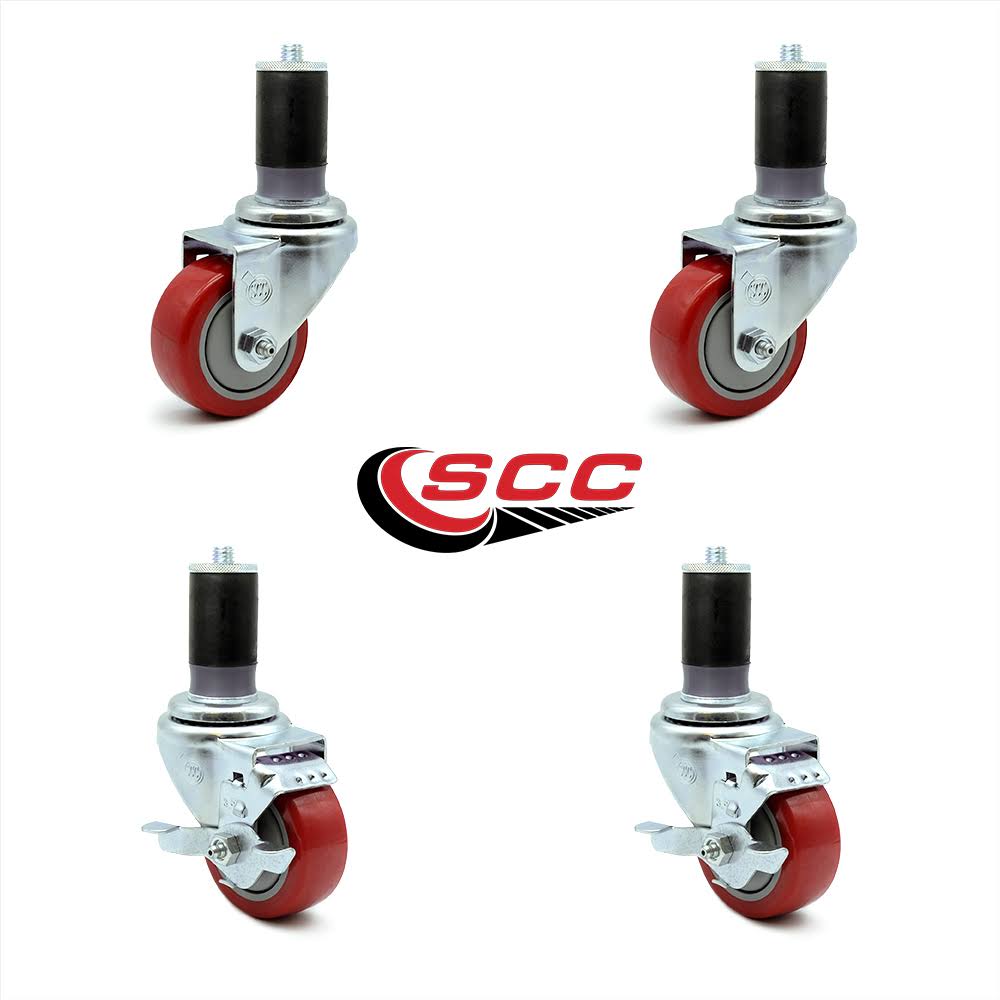 3.5 inch Red Polyurethane Swivel Caster Set with Brake M64078