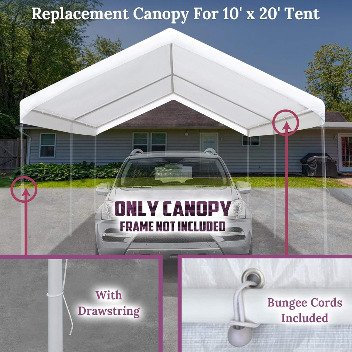 10x20 ft Carport Replacement Canopy Top Cover with Ball Bungee Cords N166623