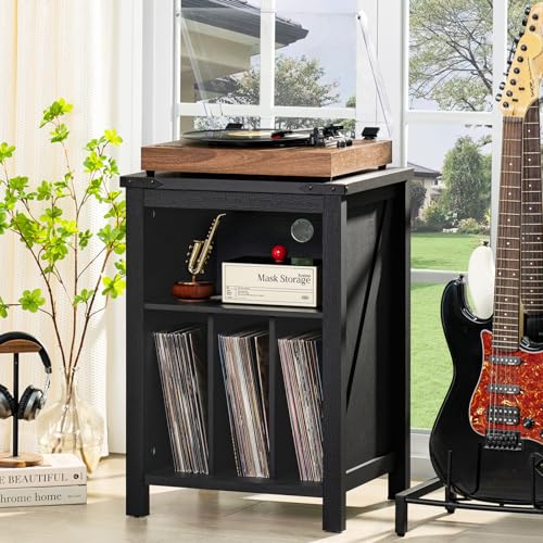 Rustic Brown Wood Record Player Stand with Vinyl Record Storage L8543