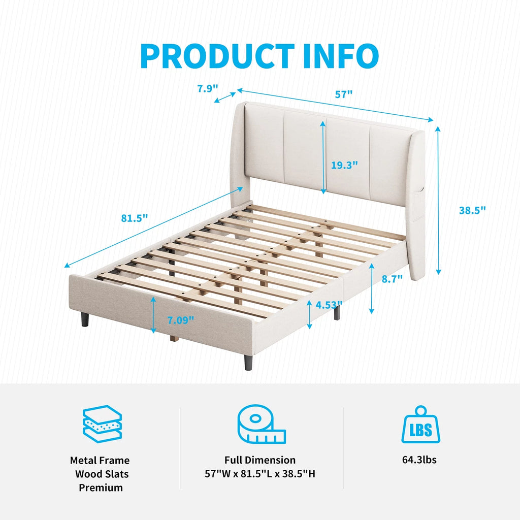 Full Size Beige Platform Bed Frame with 2 Side Pockets U10908