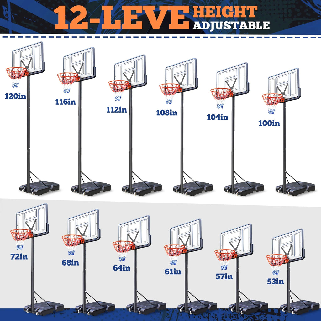 44 Basketball Hoop, 4.4-10ft Height Adjustable Portable Basketball Goal System with Shatterproof PVC Backboard and 18 Rim Q19495