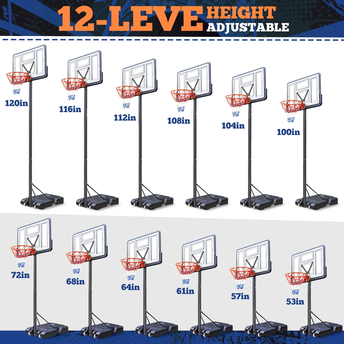 44 Basketball Hoop, 4.4-10ft Height Adjustable Portable Basketball Goal System with Shatterproof PVC Backboard and 18 Rim Q19495