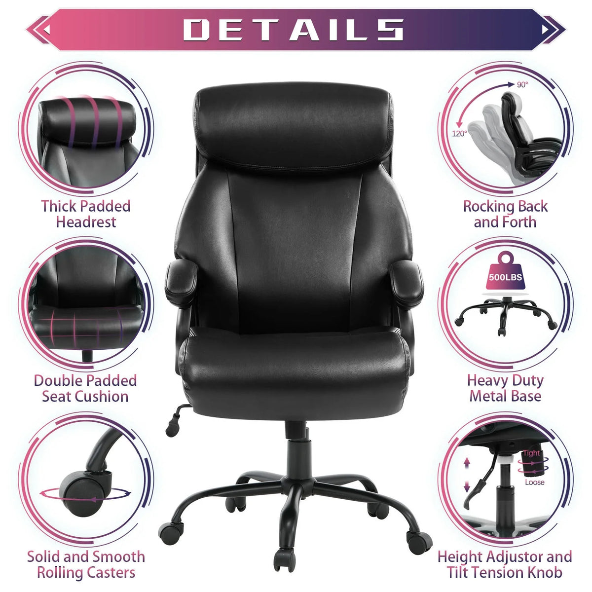 Big and Tall Ergonomic Leather Office Chair 500LBS Black J122241