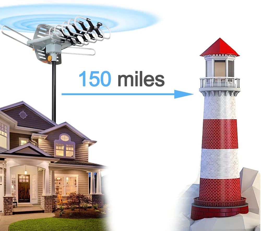Amplified Digital Outdoor Antenna 150 Miles Range 360 Degree Rotation with 33FT Coax Cable X6831