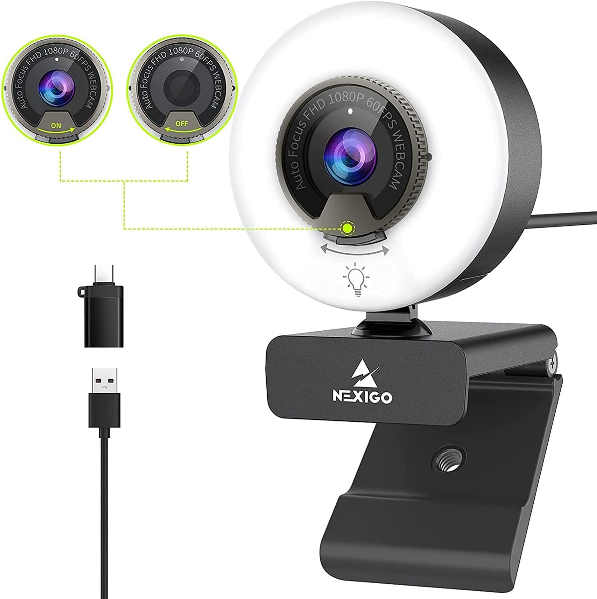1080P 60FPS Webcam with Light, Fast AutoFocus, Built-in Privacy Cover, Dual Stereo Microphone, Pack of 2 D201