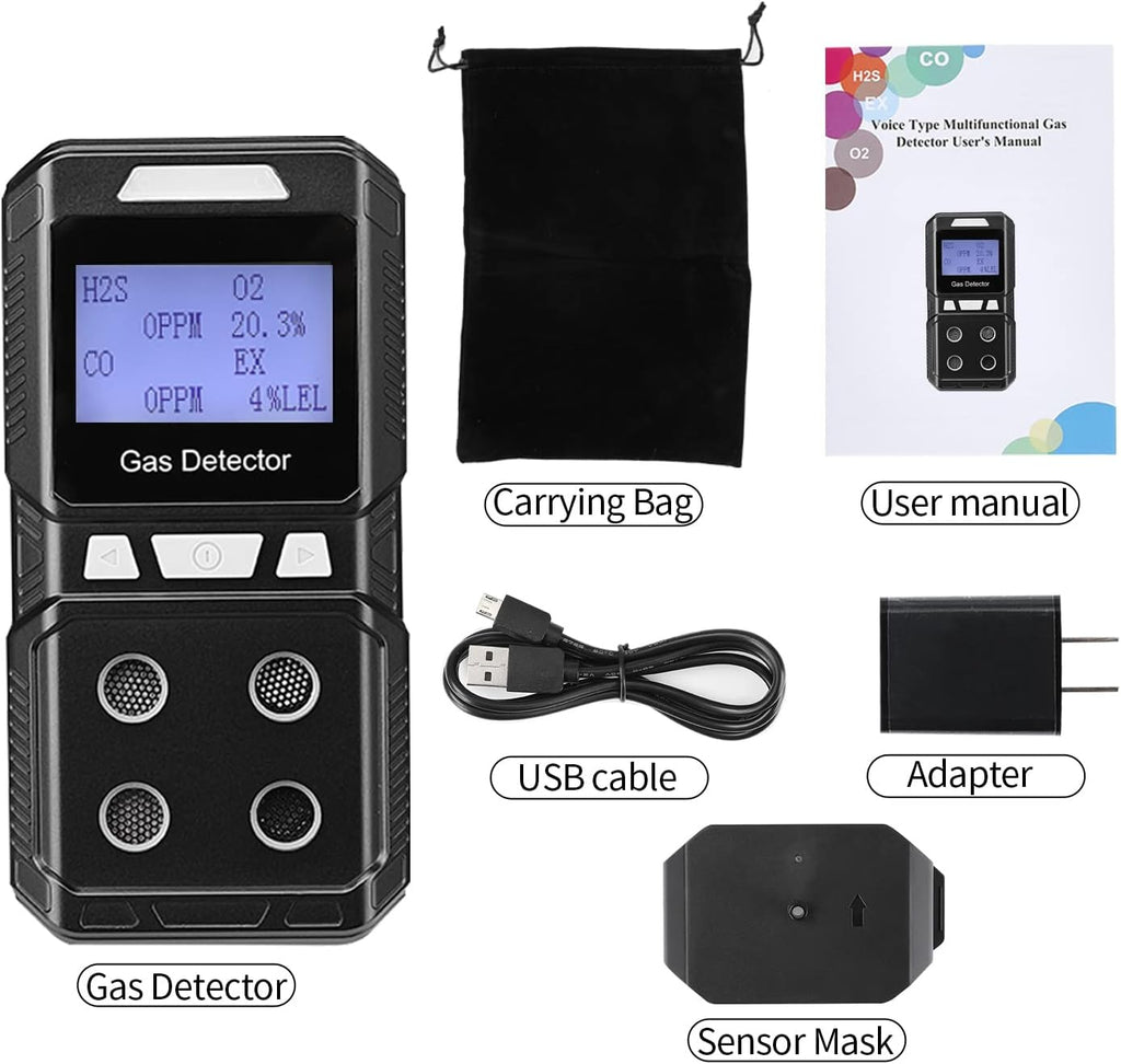Portable 4 Gas Detector, Rechargeable Multi Gas Monitor, EX O2 H2S CO 4 in 1 Gas Meter I599