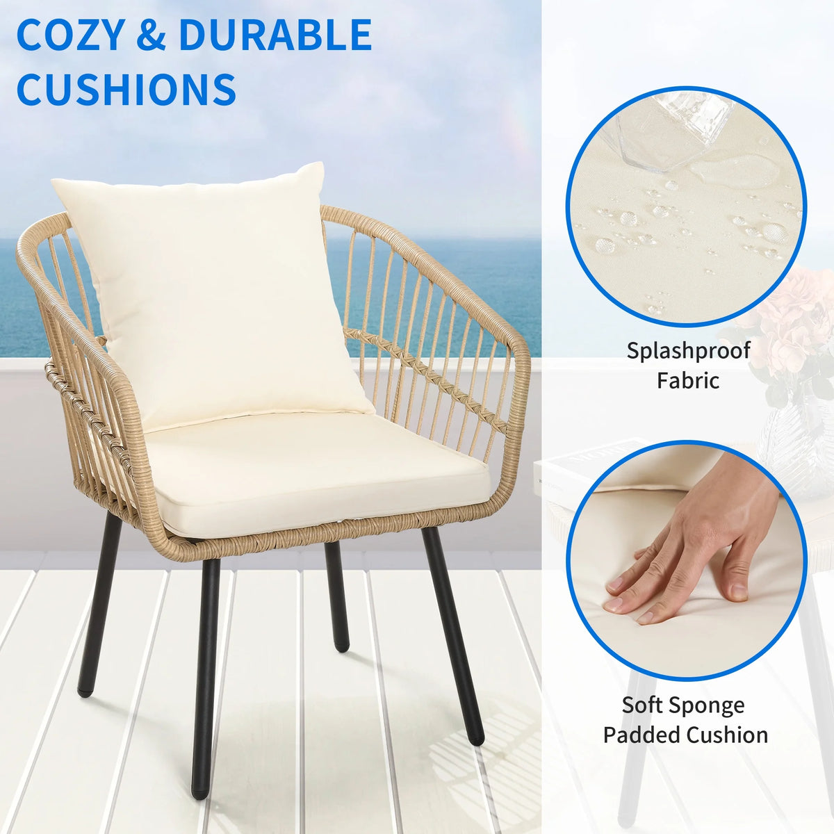 3 Pieces Outdoor Wicker Sofas Rattan Chairs with Gray Cushion and Rattan Coffee Table E59008