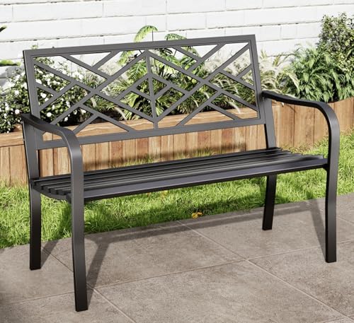 43.7 Inches Outdoor Garden Bench with Geometric Pattern Backrest, Black A9543