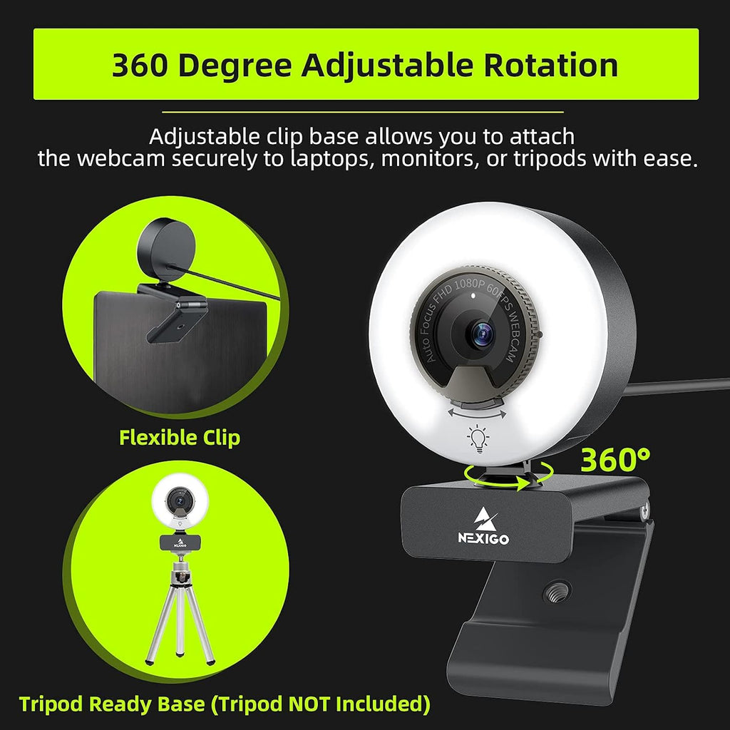1080P 60FPS Webcam with Light, Fast AutoFocus, Built-in Privacy Cover, Dual Stereo Microphone, Pack of 2 D201