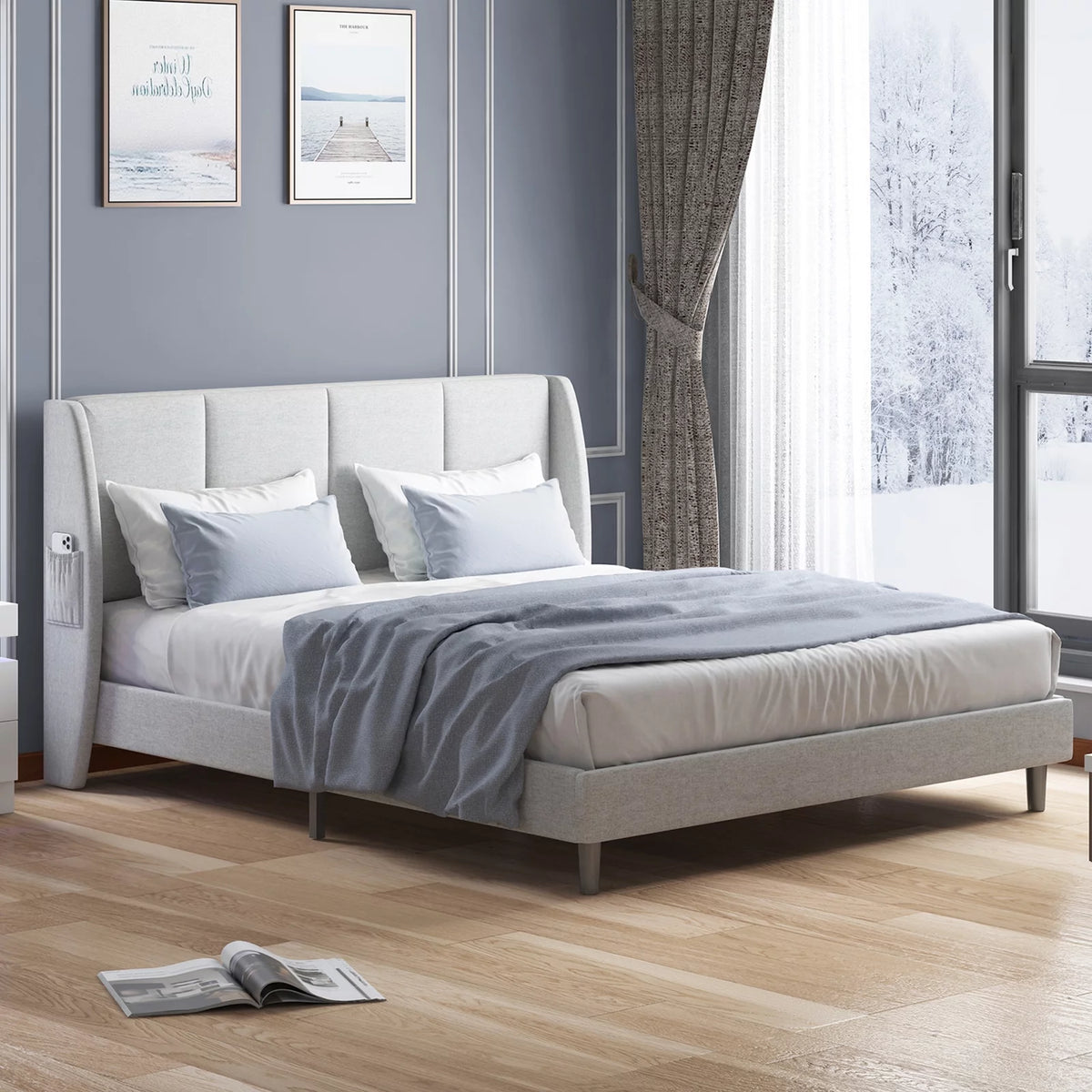 Full Size Beige Platform Bed Frame with 2 Side Pockets U10908