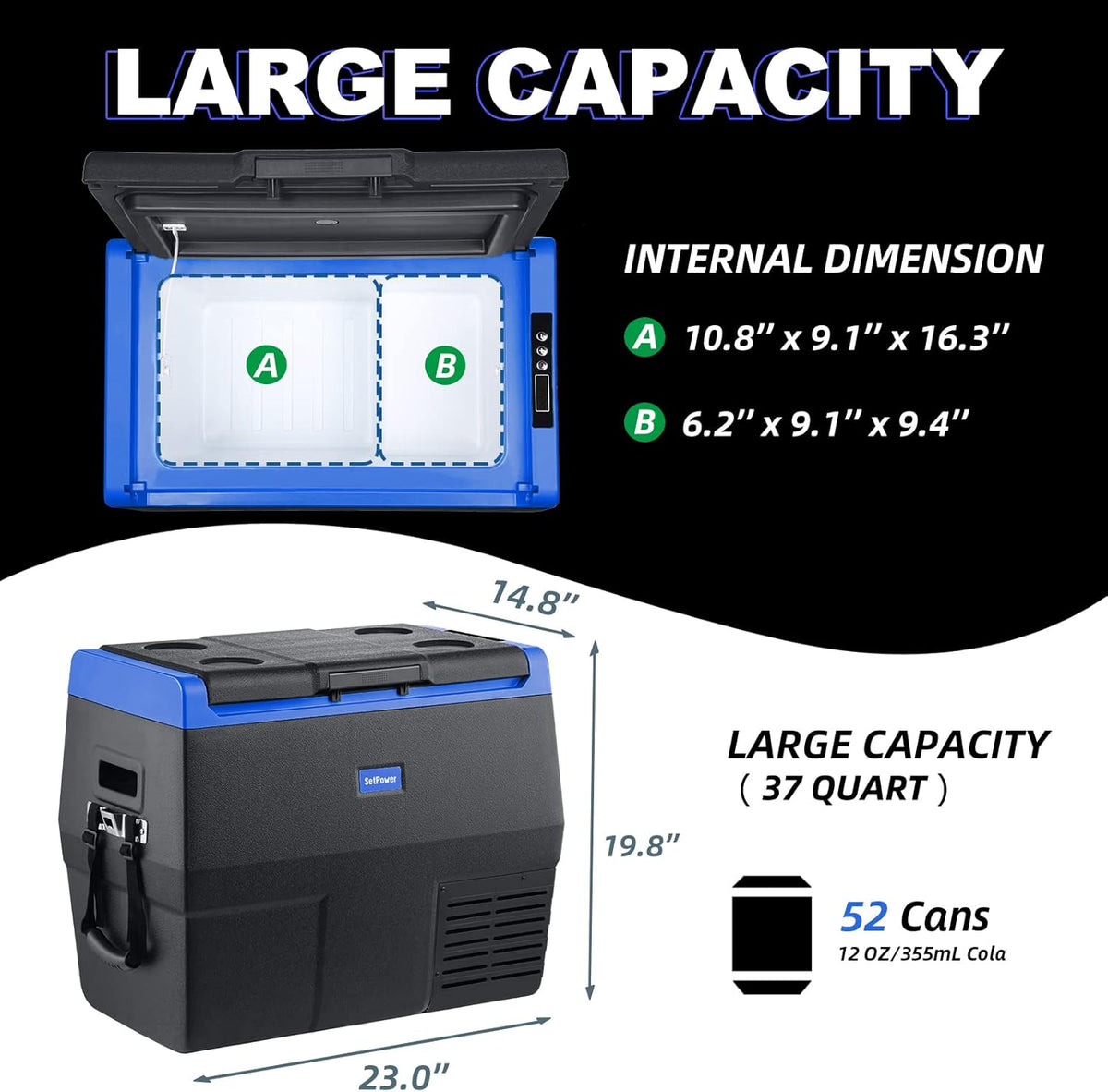 Portable Refrigerator Electric Cooler, 12/24V DC & Solar, Blue C287