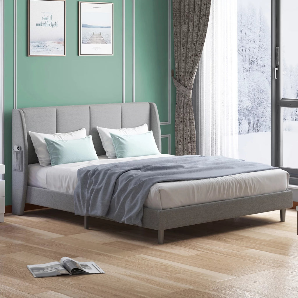 Full Size Beige Platform Bed Frame with 2 Side Pockets U10908