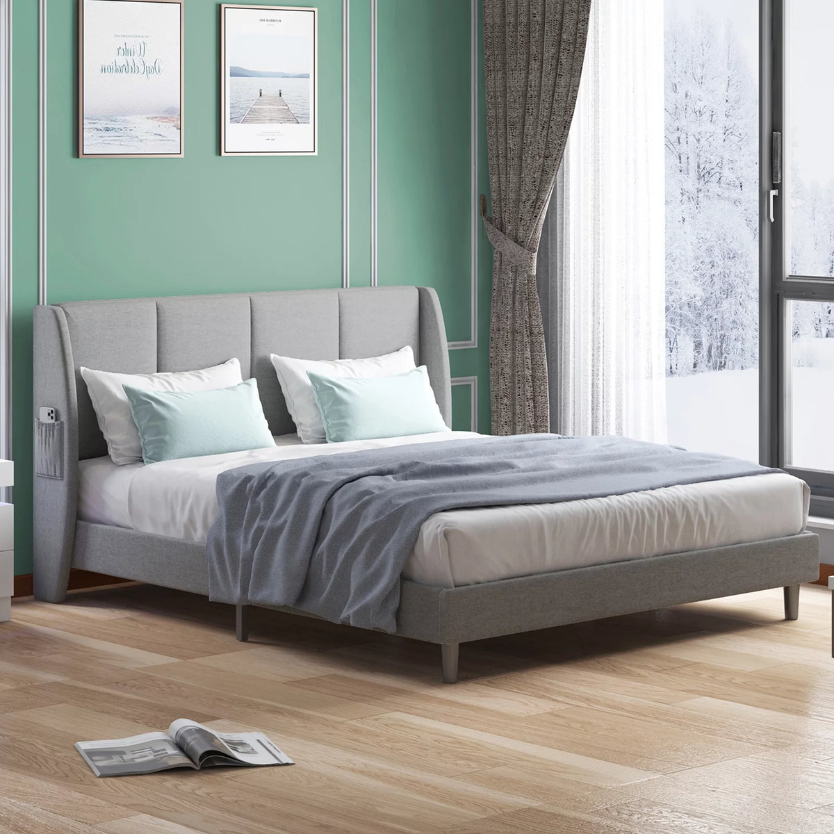 Full Size Beige Platform Bed Frame with 2 Side Pockets U10908